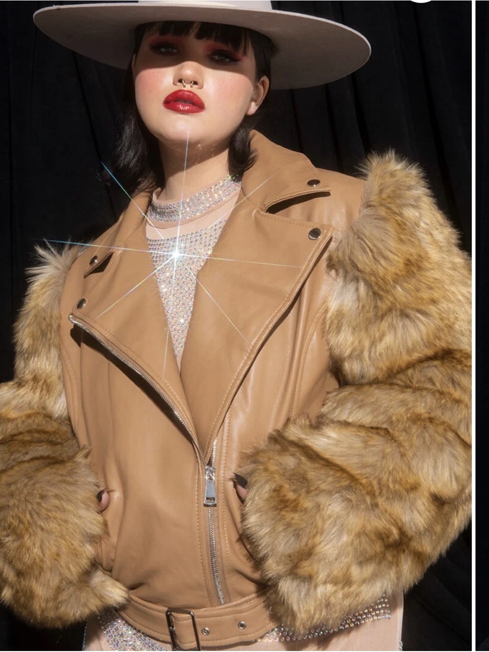 Women's Tan Faux Leather Moto Jacket with Faux Fur Sleeves